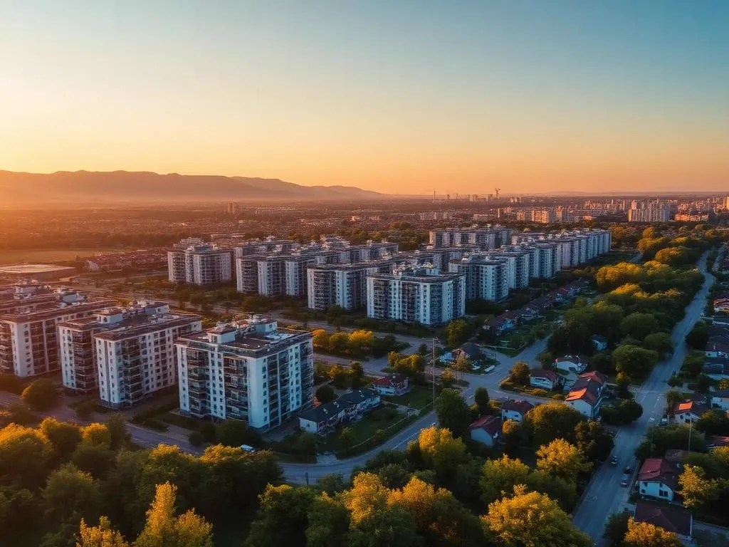 Pamje e një qyteti me banesa dhe shtëpi me qera në rajon